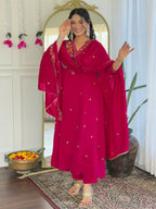The52 Rani Women's Beautiful Embroidered Work Vichitra Silk Fabric Straight Kurta Pant and Dupatta Set - Distacart