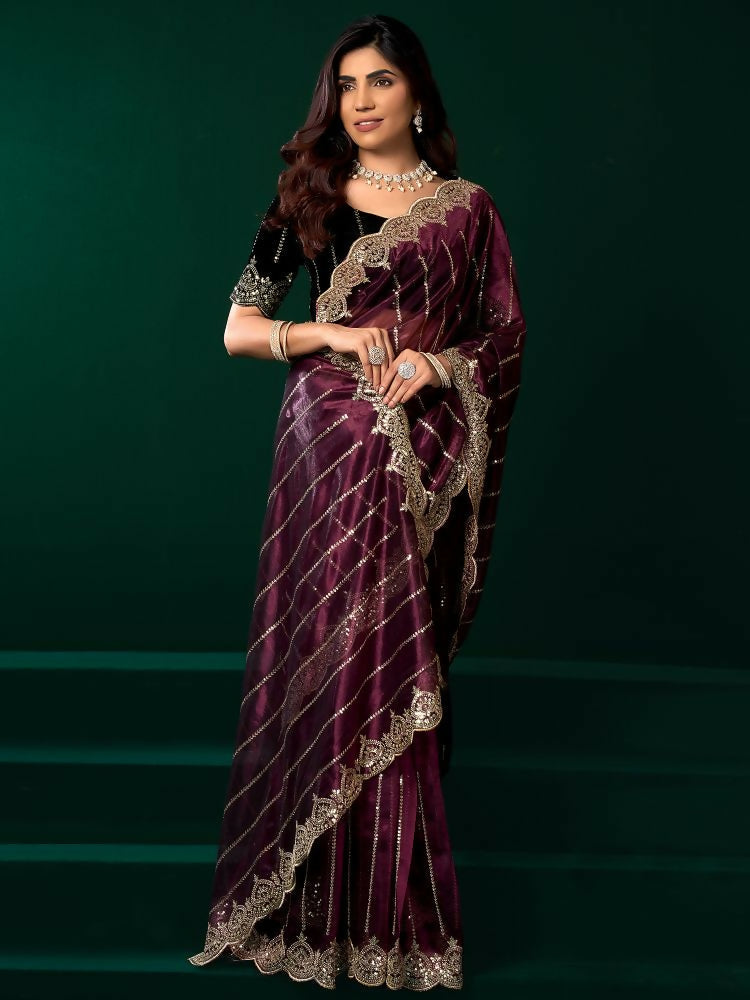 Joban Fashion Purple Net Party Wear Sarees - Distacart