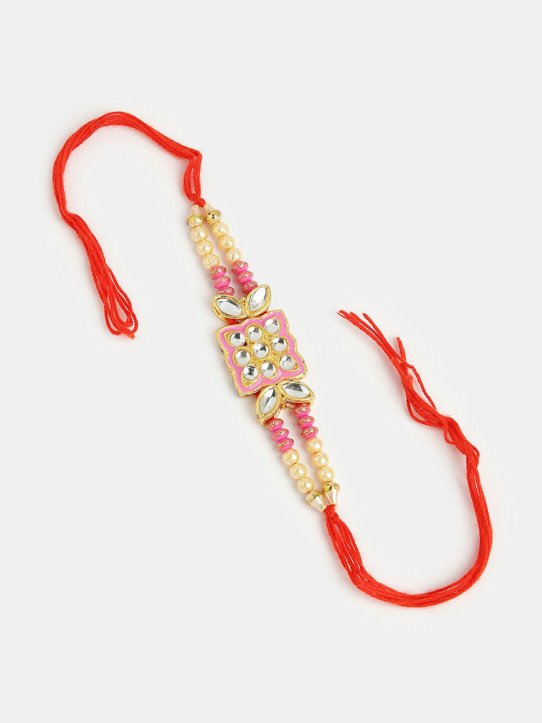 NVR Men Pink & Gold-Toned Kundan-Studded Rakhi With Roli Chawal - Distacart