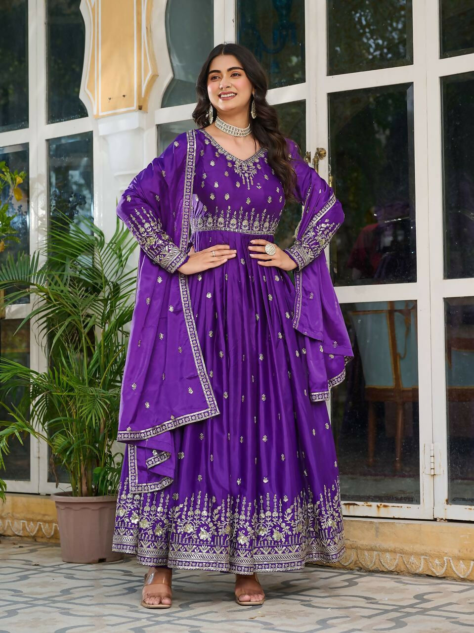 The52 Women's Beautiful American Silk Fabric Embroidery Work Flared Anarkali Pant and Dupatta Set - Distacart