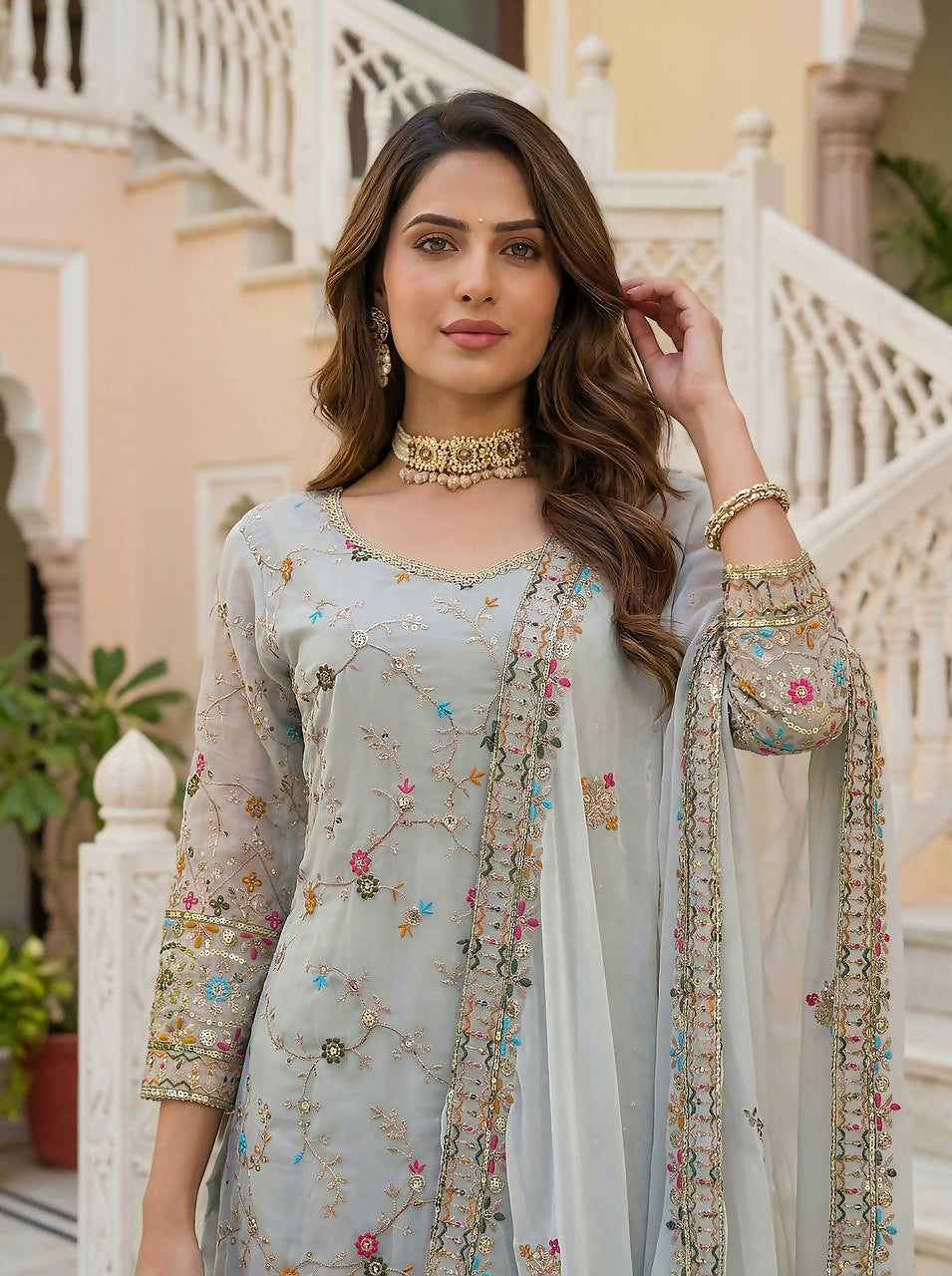 Teeya Creation Grey Faux Georgette Multi Thread Work Wedding Wear Sharara Set