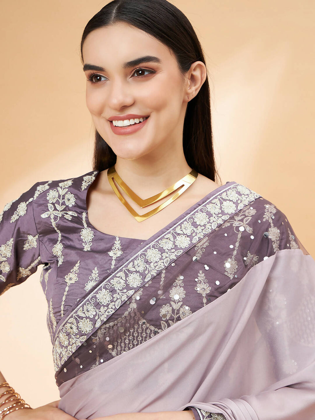 Mauve Silk Georgette Ribbon Embroidery Saree - Norita Hit Design