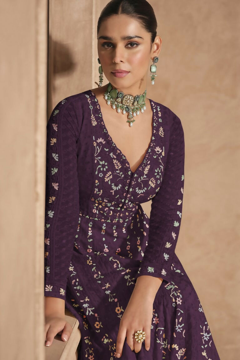 Vastranavya Wine Chikankari Embroidered Sequence Work Abaya Suit