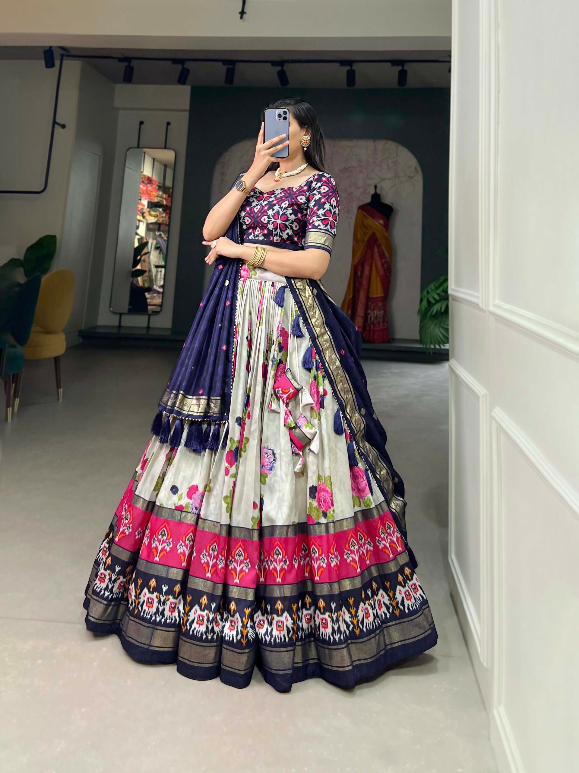 Vastranavya Floral And Patola Print With Foil Work Lehenga with Unstitched Blouse - Navy Blue