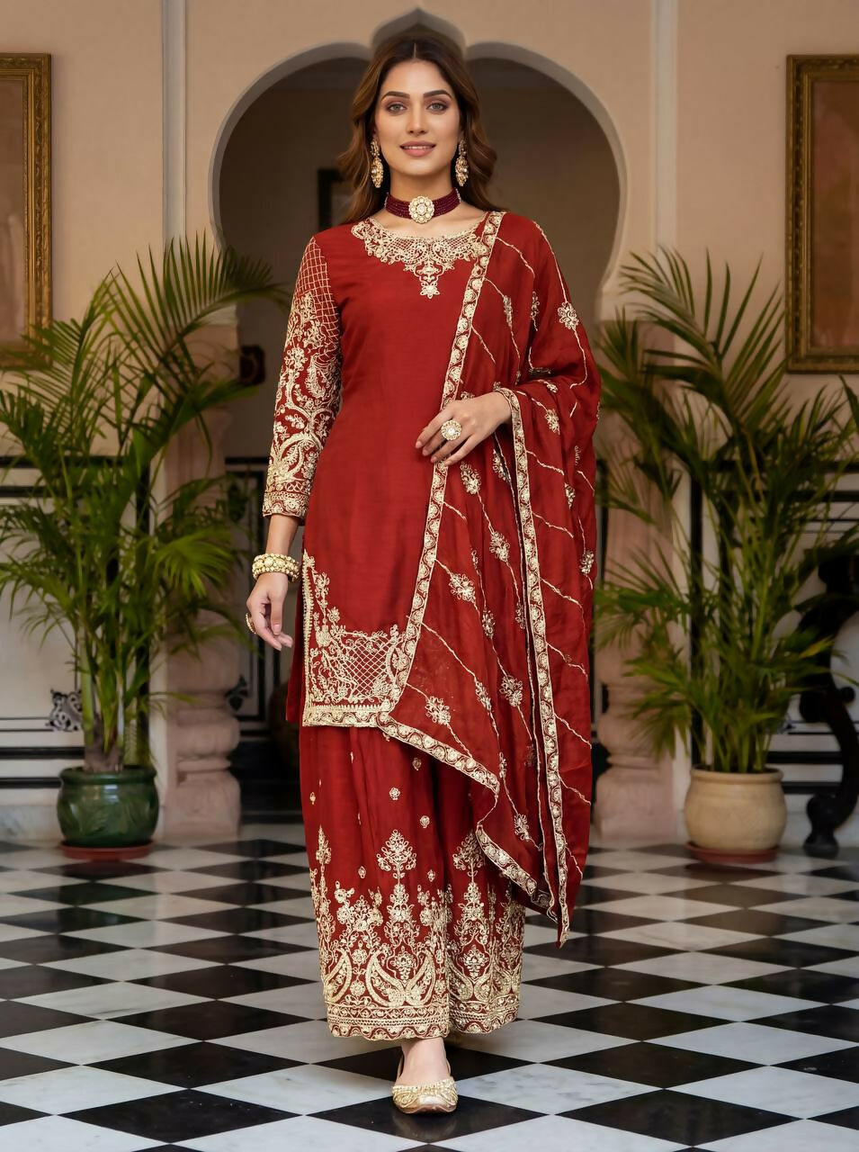 Teeya Creation Red Chinon Silk Designer Wedding Wear Embroidery Work Palazzo - Distacart