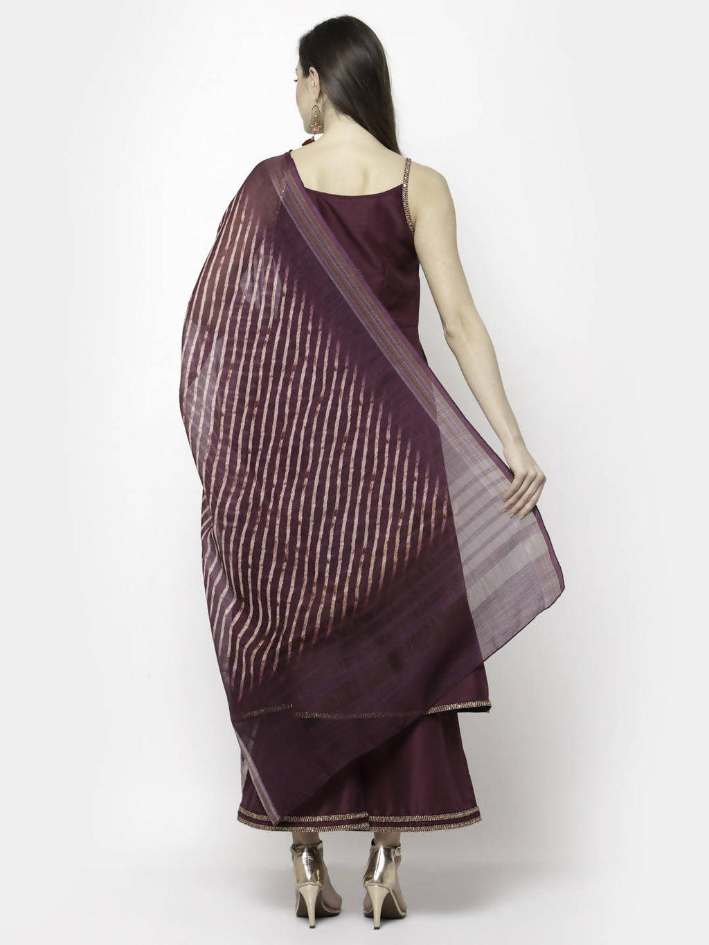 Myshka Marron Silk Blend Solid Sleeveless Round Neck Kurta Palazzo Dupatta Set