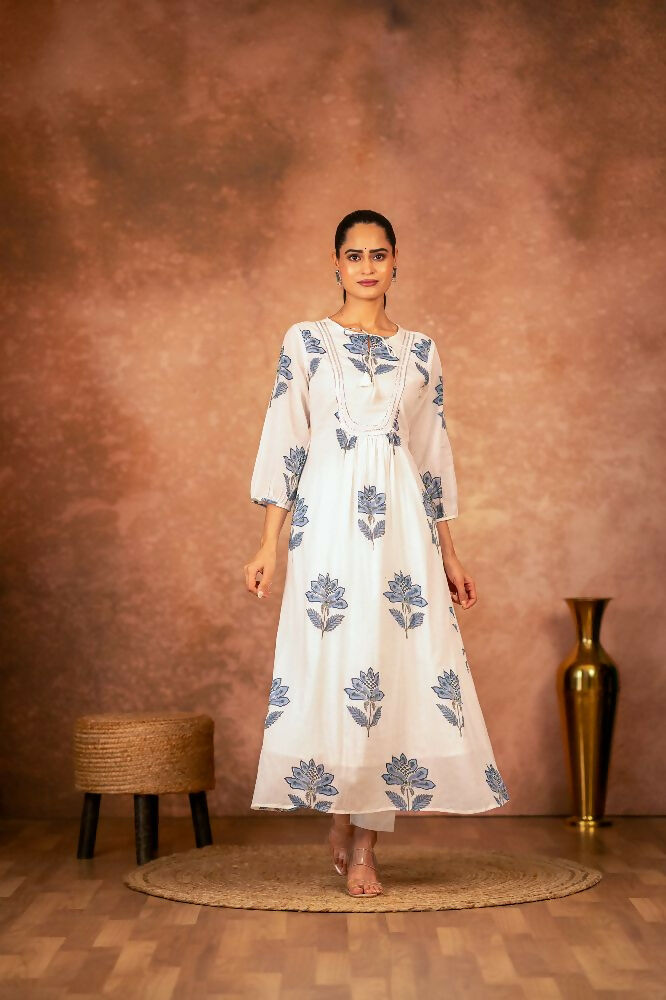 Joban Fashion Blue Floral Hand Block Printed Cotton Kurta Pant Set - Distacart