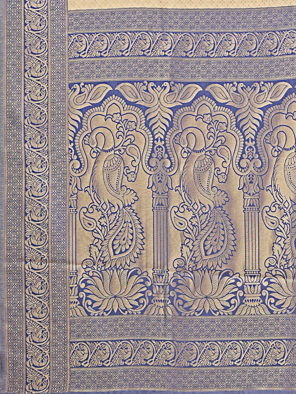 Shree Shyam Fashion Banarasi Silk Cream & Navy Blue Saree - Distacart