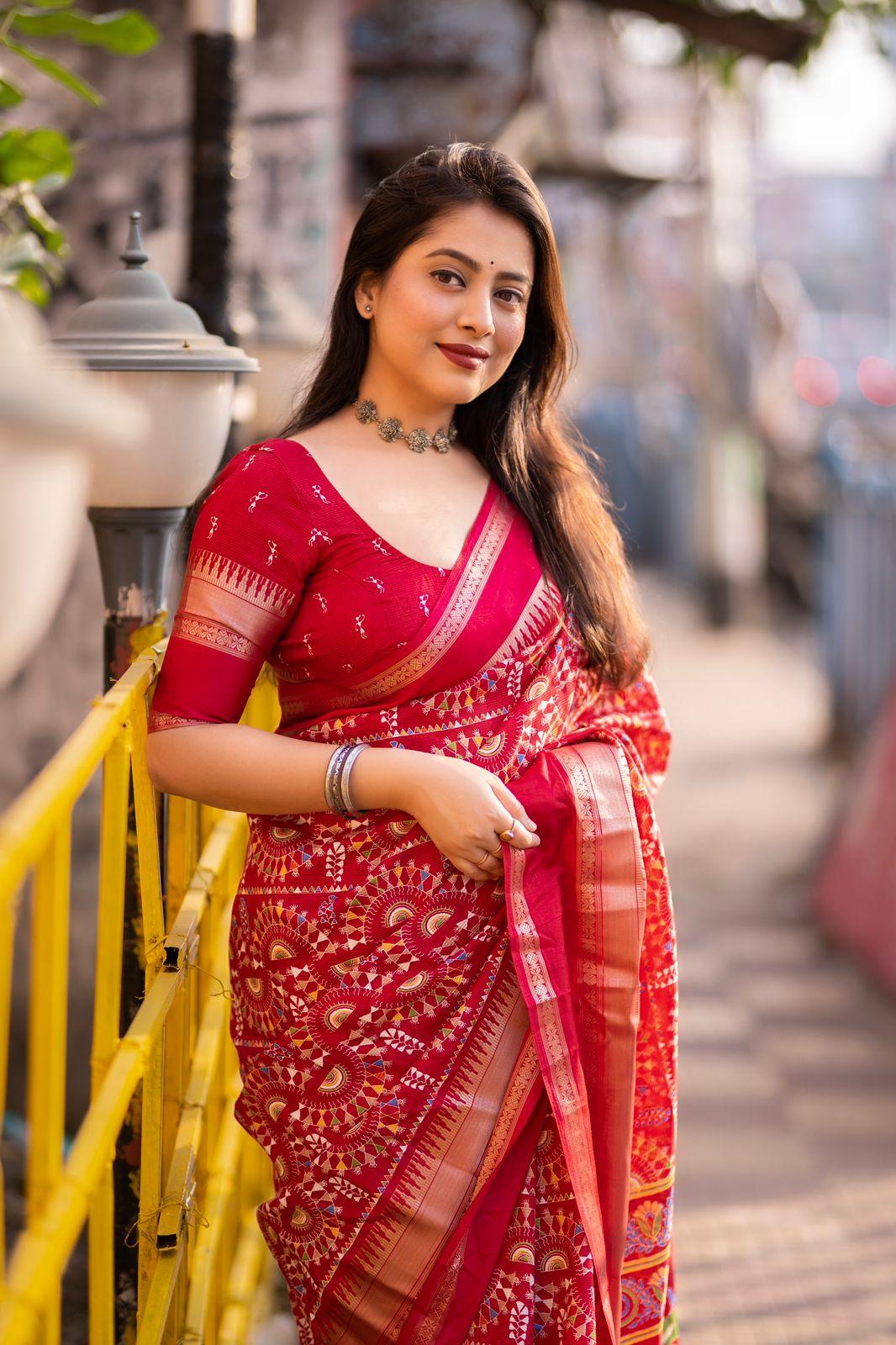 Red Cotton Blend Ethnic Motifs Saree with Unstitched Blouse - A2M - Distacart