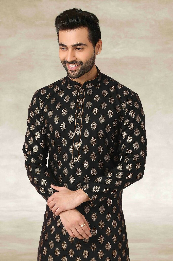 Raivat Ethnic Cotton Printed Work Kurta Pajama In Black Colour