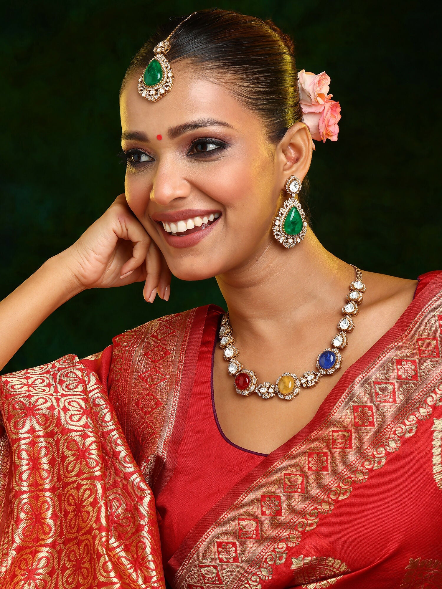 Ruby Raang 22k Gold Polished Stonework Kundan Necklace With Earrings And Maang Tikka