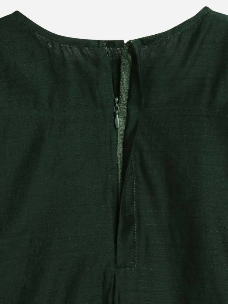 Ahalyaa Dark Green Chanderi Solid Kids Kurta Palazzo Set With Dupatta For Girls