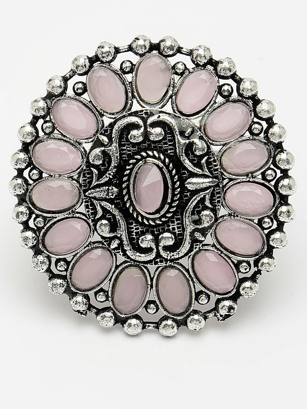 NVR Women's Pink Silver-Plated Circular Shape Adjustable Finger Ring