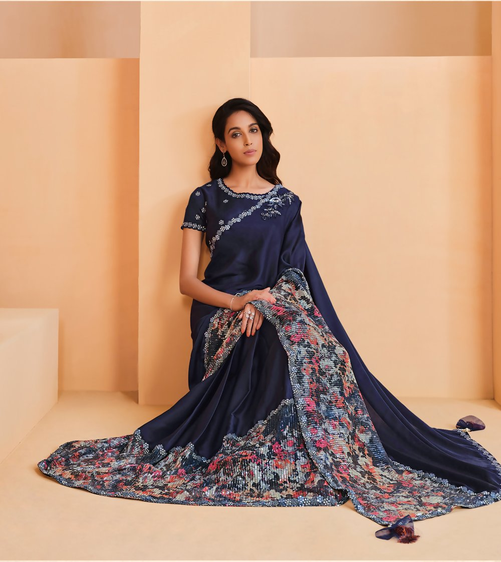 Navy Blue Satin Crepe Silk Embroidery with Digital Sequence Work Saree - Norita Helly