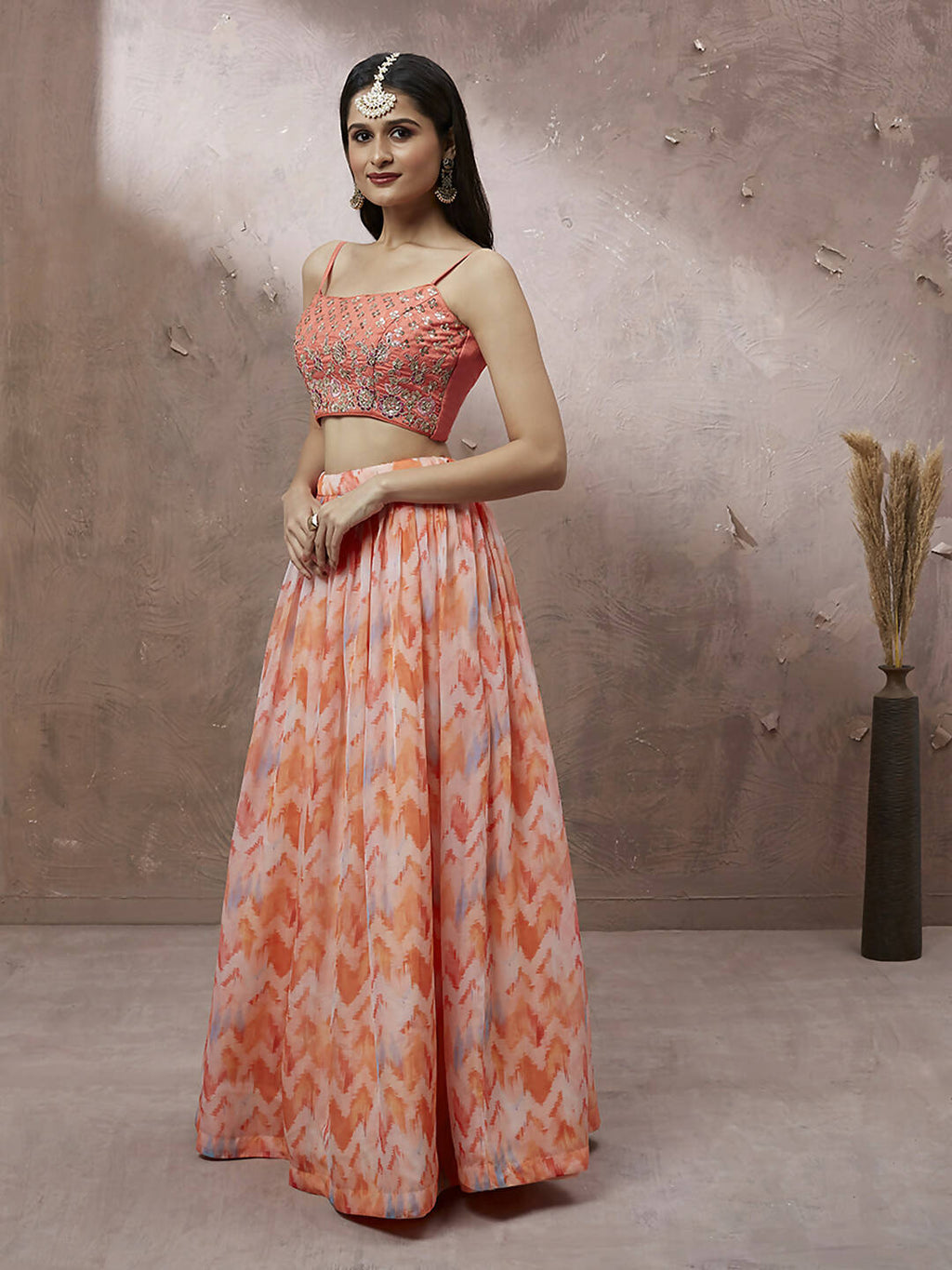 House of Panchhi Peach Organza Floral Printed Lehenga choli & Dupatta