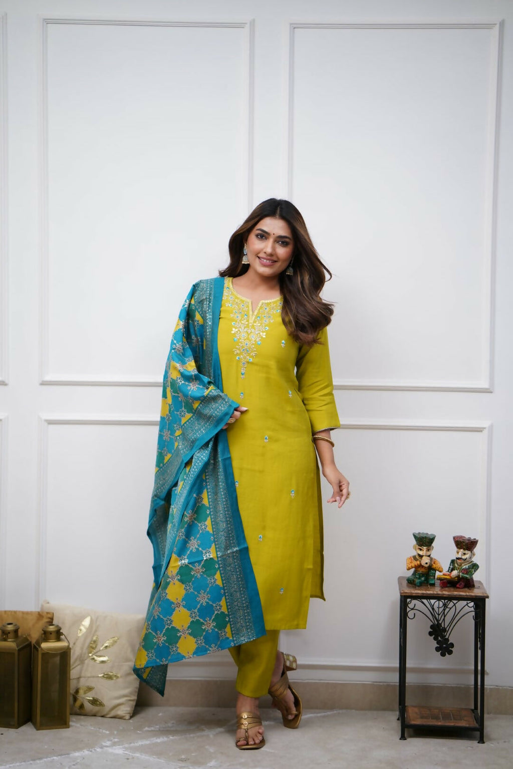 The52 Lemon Beautiful Embroidered Viscose Chanderi Fabric Straight Kurta Pant with Dupatta Set - Distacart