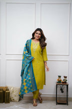 The52 Lemon Beautiful Embroidered Viscose Chanderi Fabric Straight Kurta Pant with Dupatta Set - Distacart