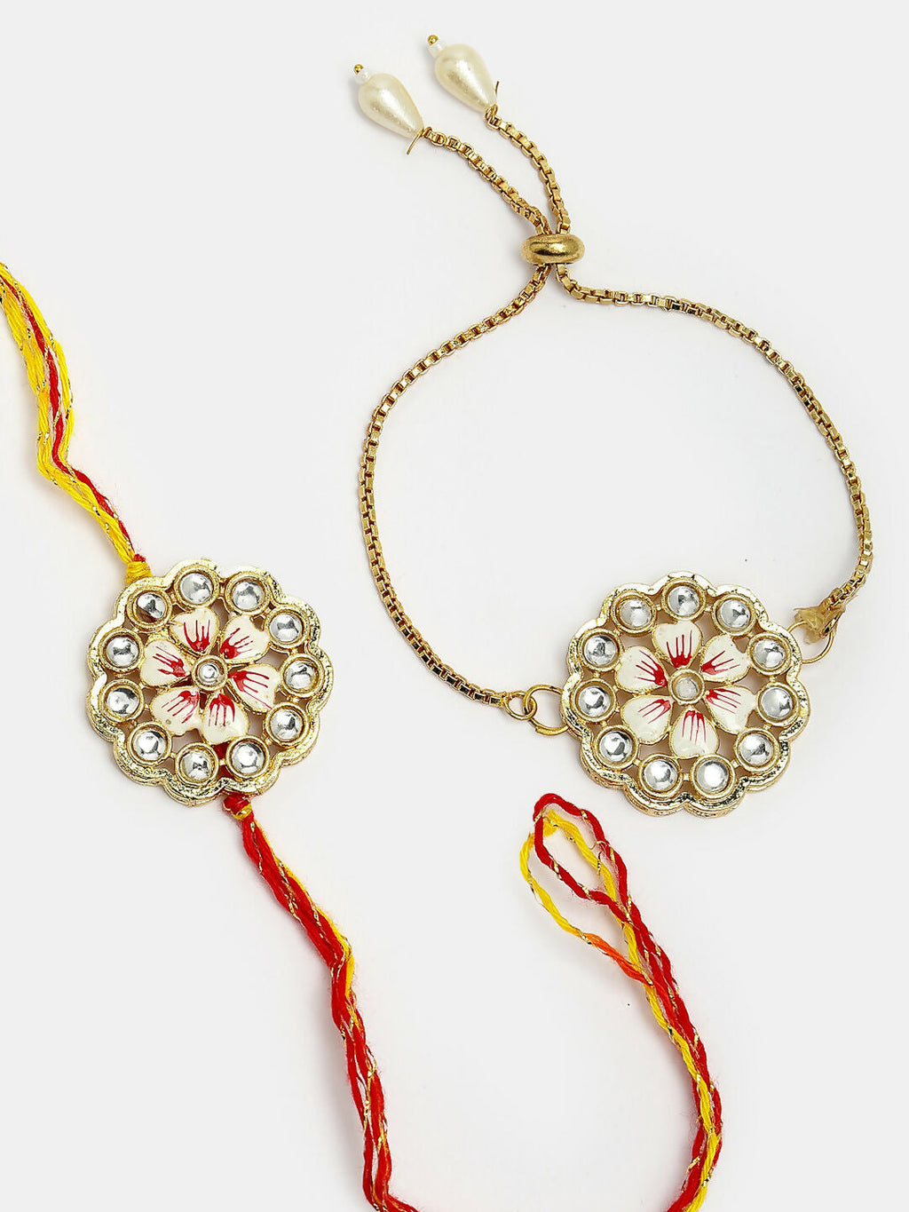 NVR Women & Men Set of 2 Gold Kundan-Studded Bhaiya Bhabhi Rakhi Set With Roli Chawal & Chocolate - Distacart