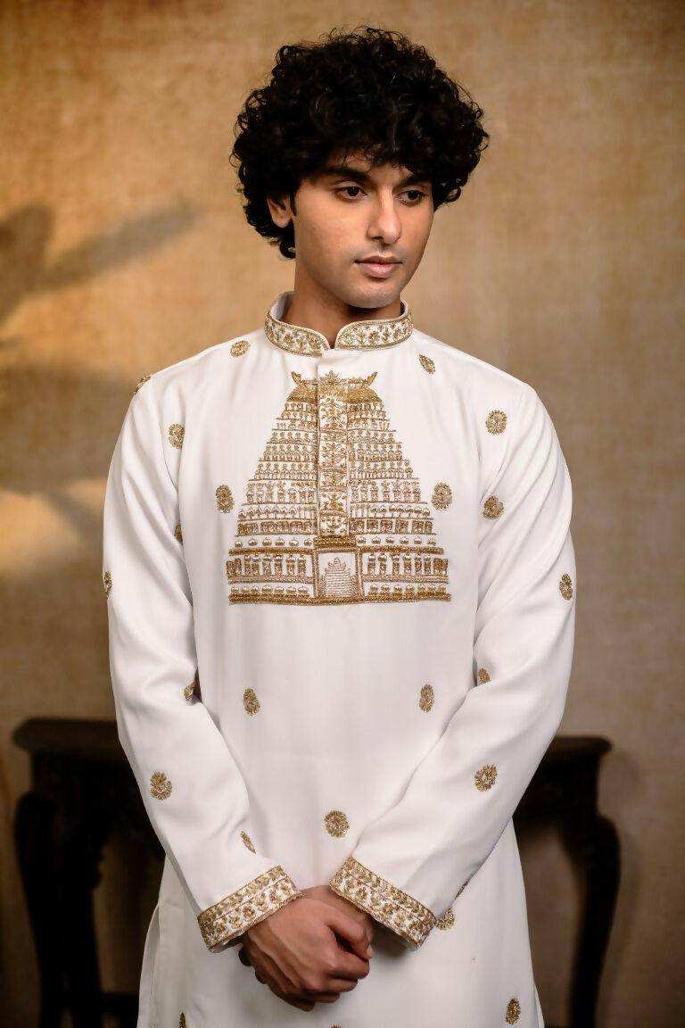 Falling Raw Silk White Devalaya Kurta By Hilo Design