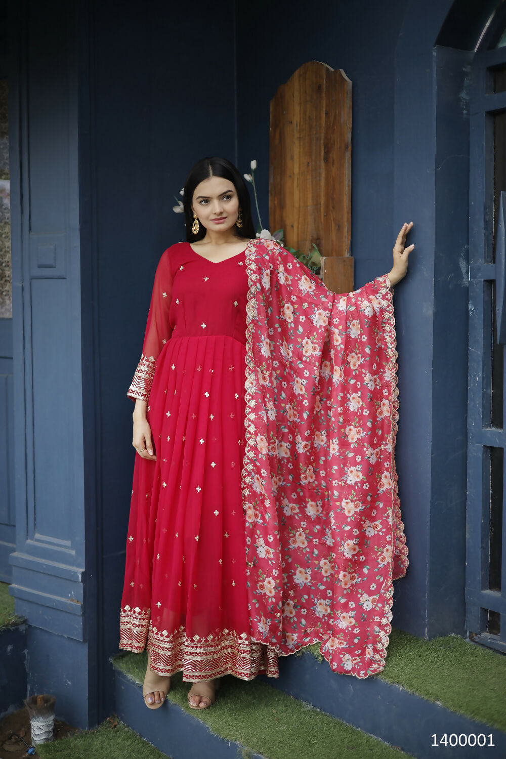 Aayaa Designer Embroidery Zari Sequins-Work Faux Blooming Georgette Suit - Red - Distacart