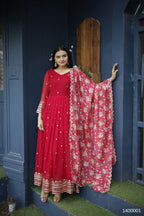 Aayaa Designer Embroidery Zari Sequins-Work Faux Blooming Georgette Suit - Red - Distacart