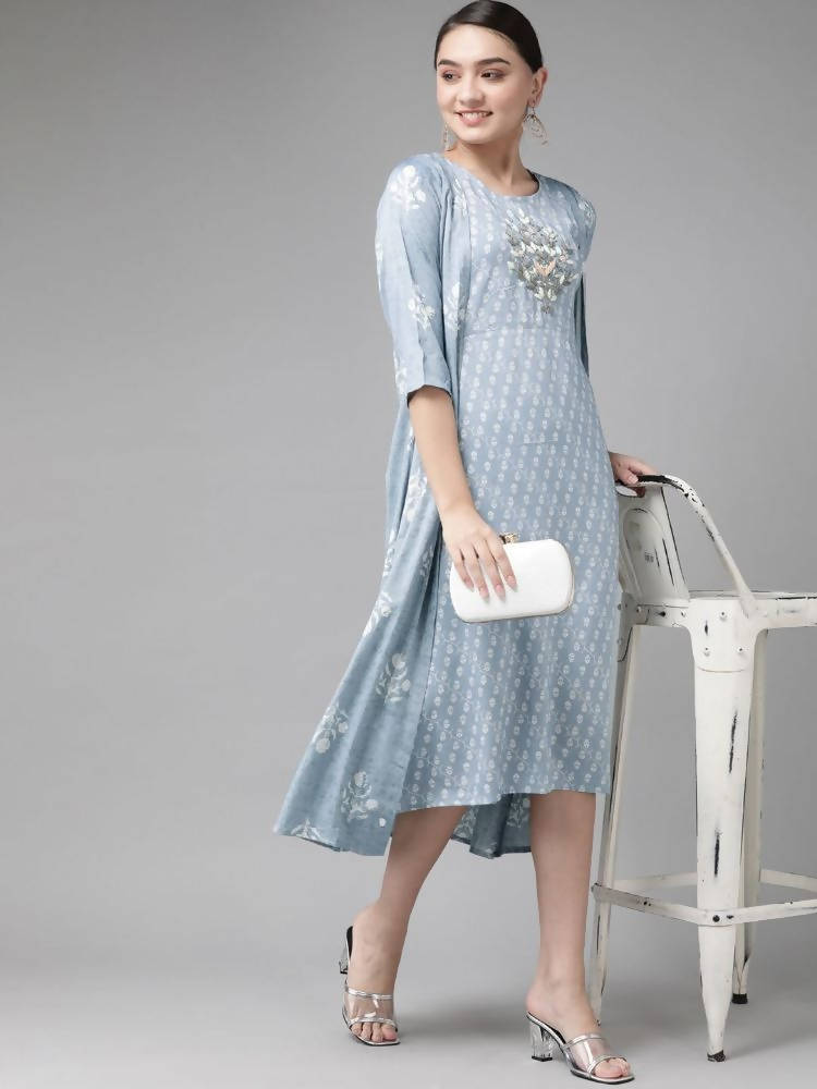 Yufta Women Blue & White Floral Printed Ethnic A-Line Midi Dress with Jacket