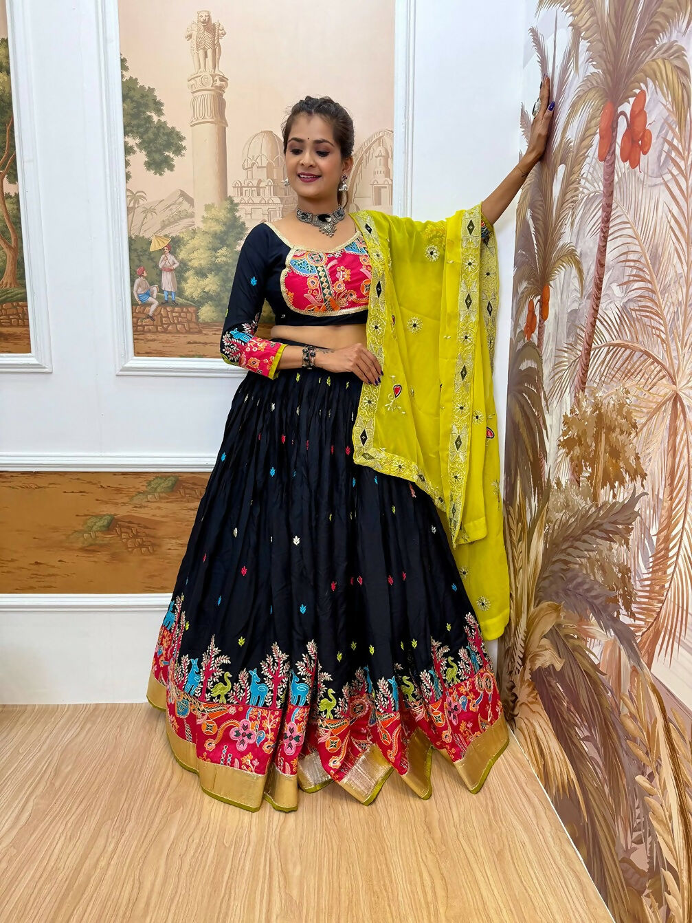 Teeya Creation Dark Blue Colour Rayon Silk Embroidery Work Fully Stitched Navratri Lehenga