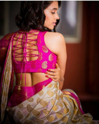 DEIANA'S Beautiful Designer Golden zari Soft Lichi Silk Saree - White