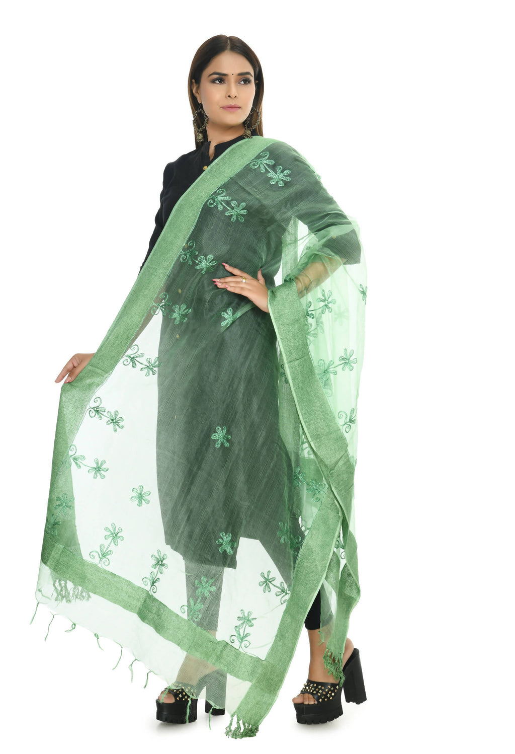 Mominos Fashion Moeza Orgenza Pista Green Chikan Work Dupatta - Distacart
