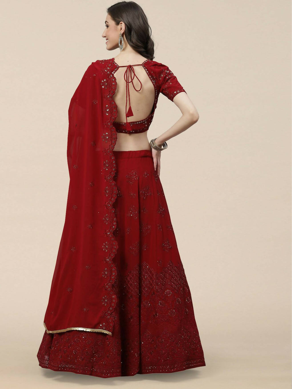 Maroon Georgette Thread with Sequins Embroidered work Lehenga Choli with Dupatta - Jivika