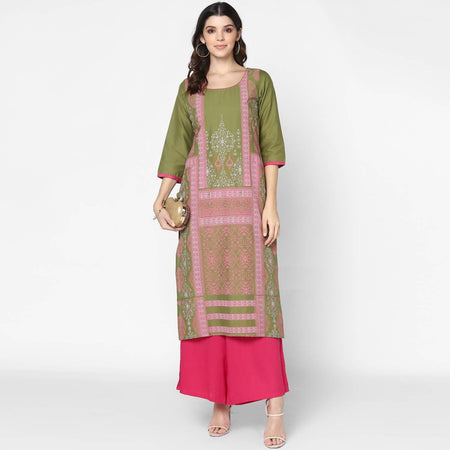 Cheera Hand Block Print Military Color Straight Kurta (MAAI-047K)