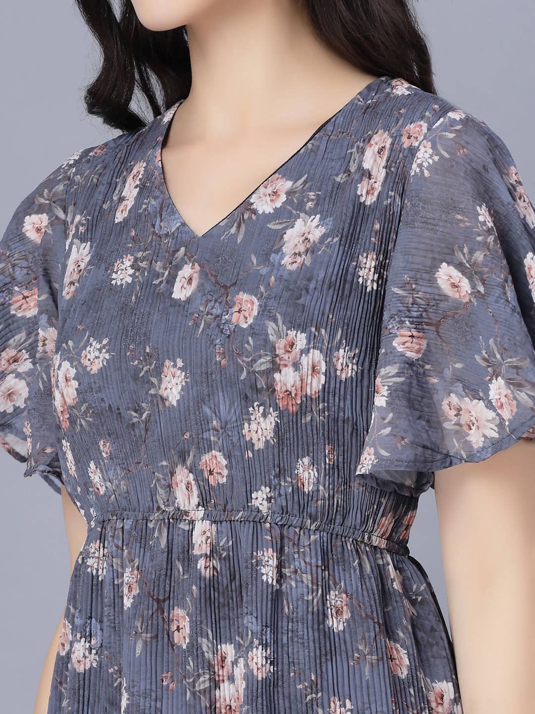 Myshka Women Grey Floral Midi Dress - Distacart