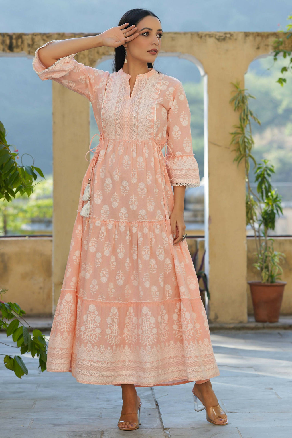 Juniper Women's Peach Cambric Floral Printed Maxi Tiered Dress - Distacart