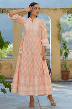 Juniper Women's Peach Cambric Floral Printed Maxi Tiered Dress - Distacart