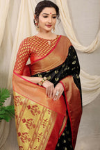 Jyoti Fashion Women's Black Banarasi Silk Zari Woven Saree with Blouse