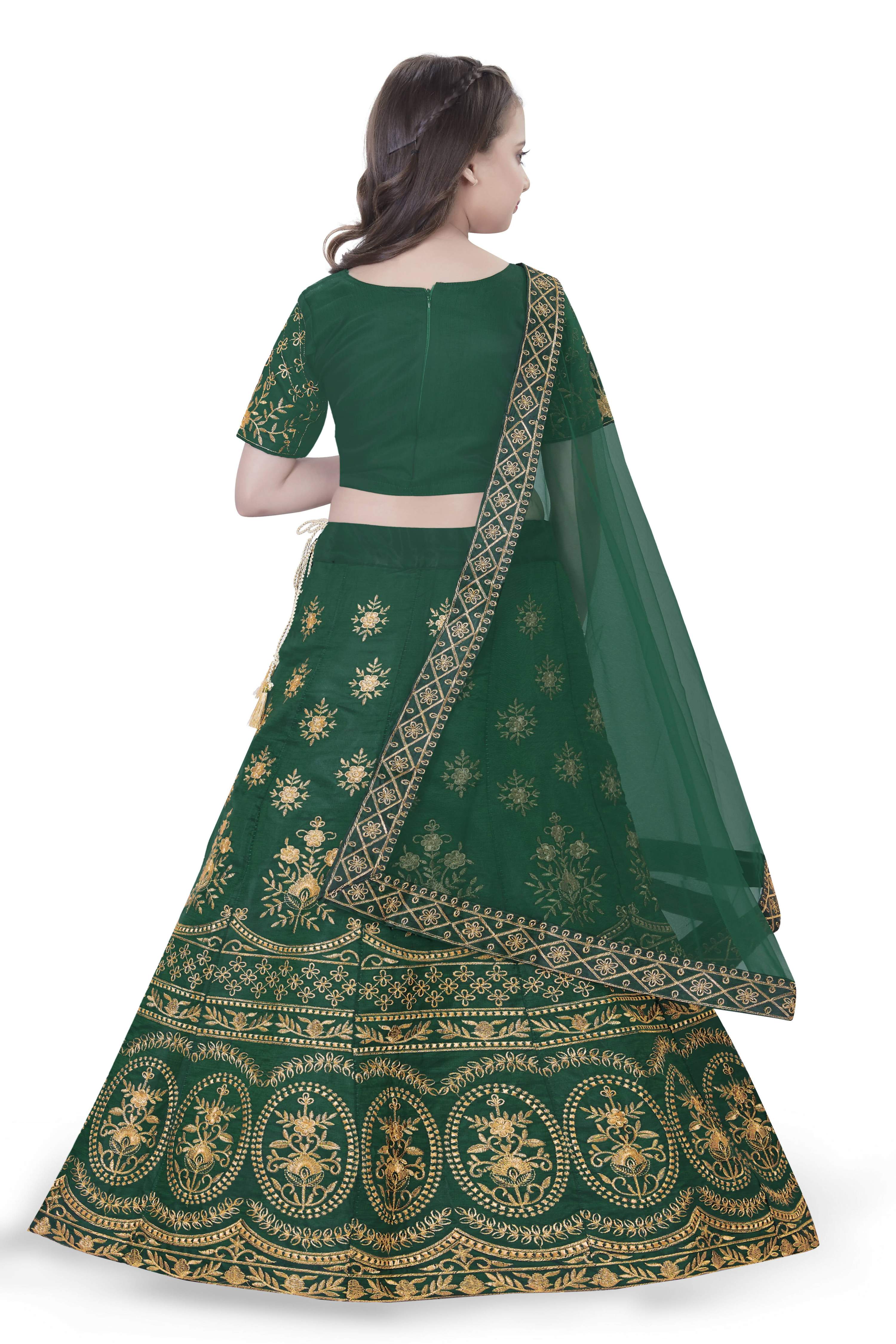 Dwiden Green Lehriyu Tafetta Sattin Semi-Stitched Girl's Lehenga Choli