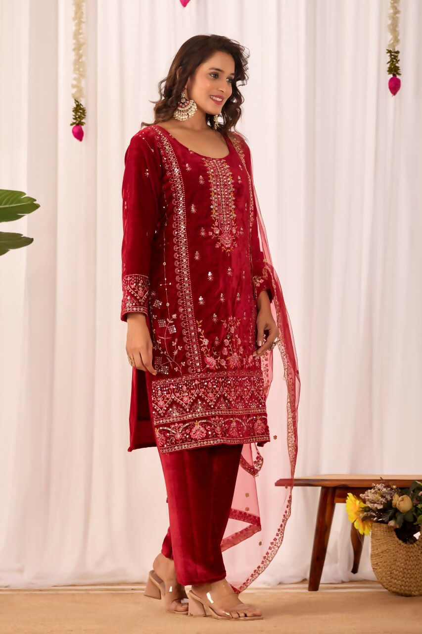 Joban Fashion Red Velvet Embroidery Sequence Work Readymade Kurta Set - Distacart