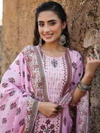 Juniper Women's Lilac Cambric Floral Placement Printed Straight Fit Kurta Sets - Distacart