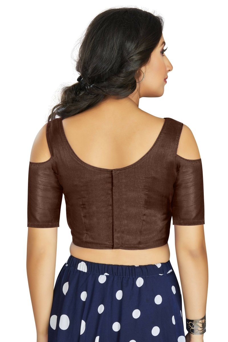 Aastha Fashion Women's Coffee Art Silk Cold Shoulder Sleeve Readymade Blouse