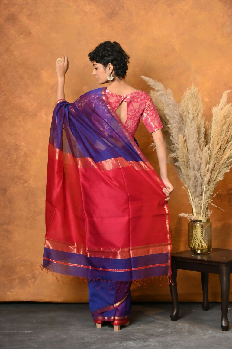 Very Much Indian Handloom Pure Cotton Silk Saree With Sleek Golden Border - Indigo Blue