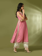 Myshka Women's Pink Solid Georgette Anarkali Party Kurta Set