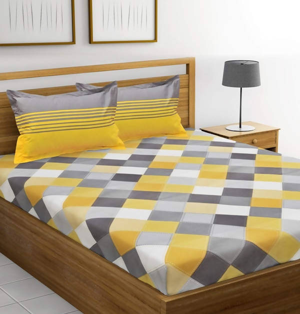 Vamika Printed Cotton Yellow & Multicolor Bedsheet With Pillow Covers (LEOC_CHECK_Y)
