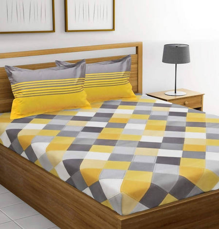 Vamika Printed Cotton Yellow & Multicolor Bedsheet With Pillow Covers (LEOC_CHECK_Y)