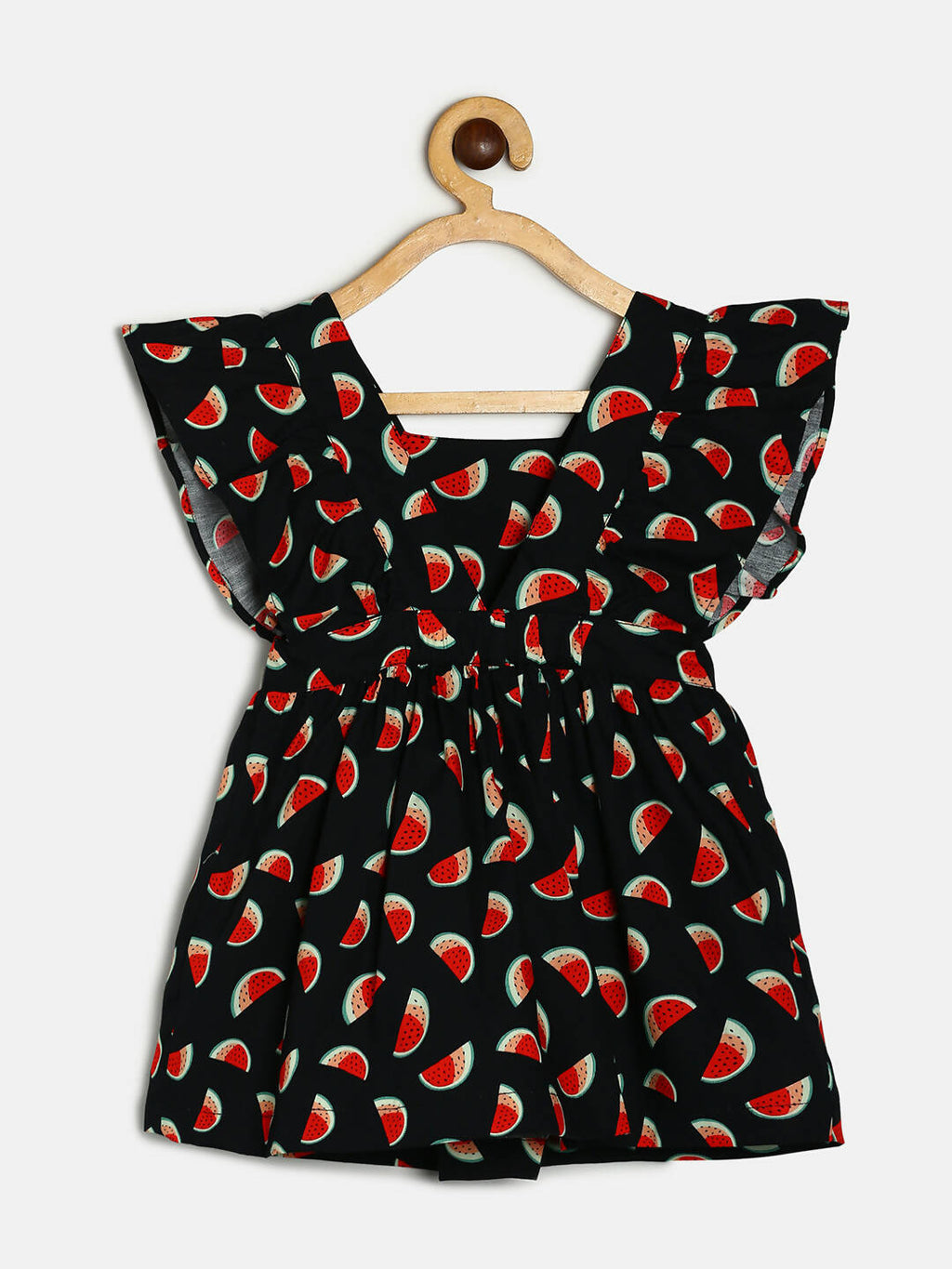 Manet Girls Cotton V Neck Frill Frock Watermelon Printed - Black