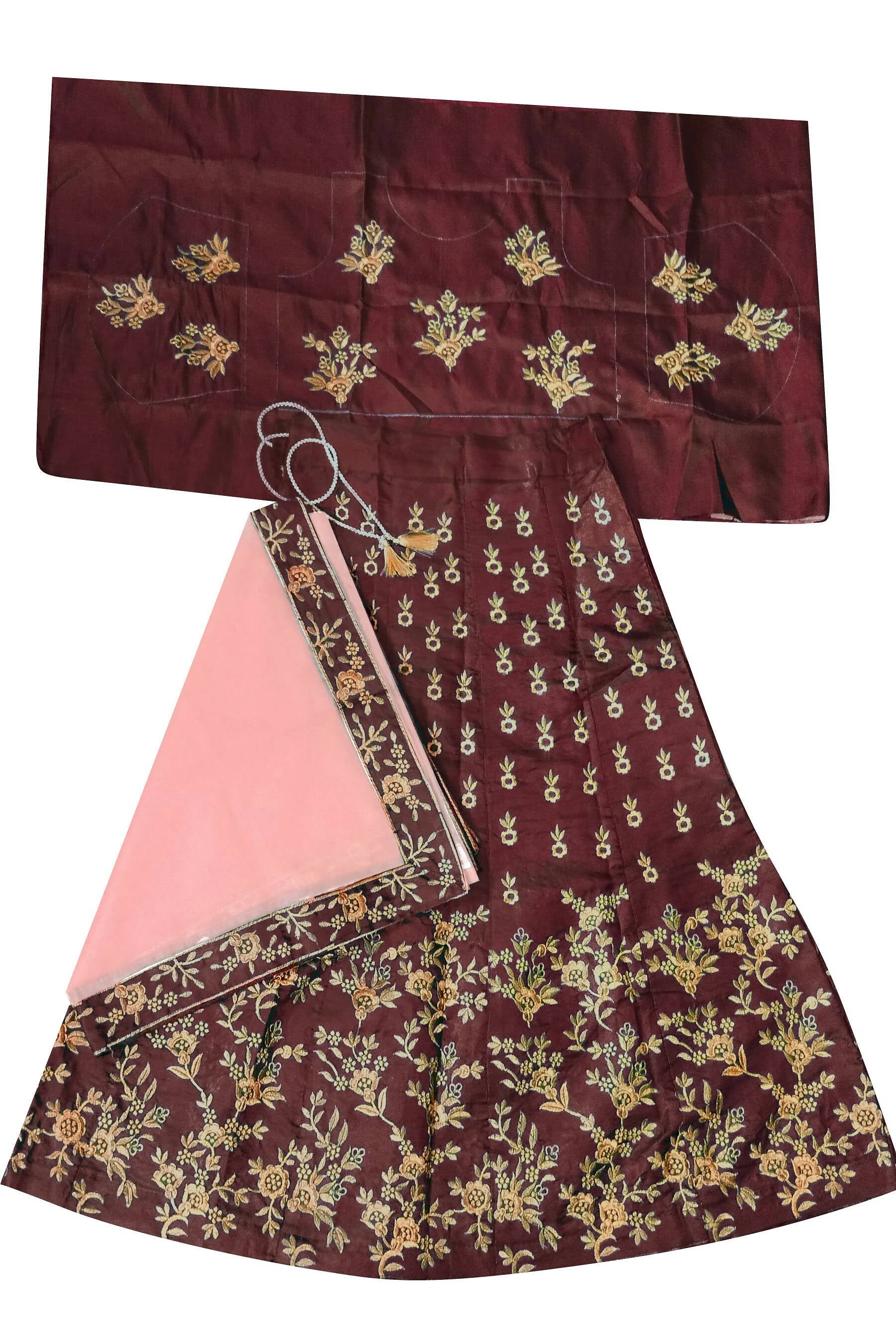 Dwiden Maroon Baby Doll Tafetta Sattin Semi-Stitched Girl's Lehenga Choli