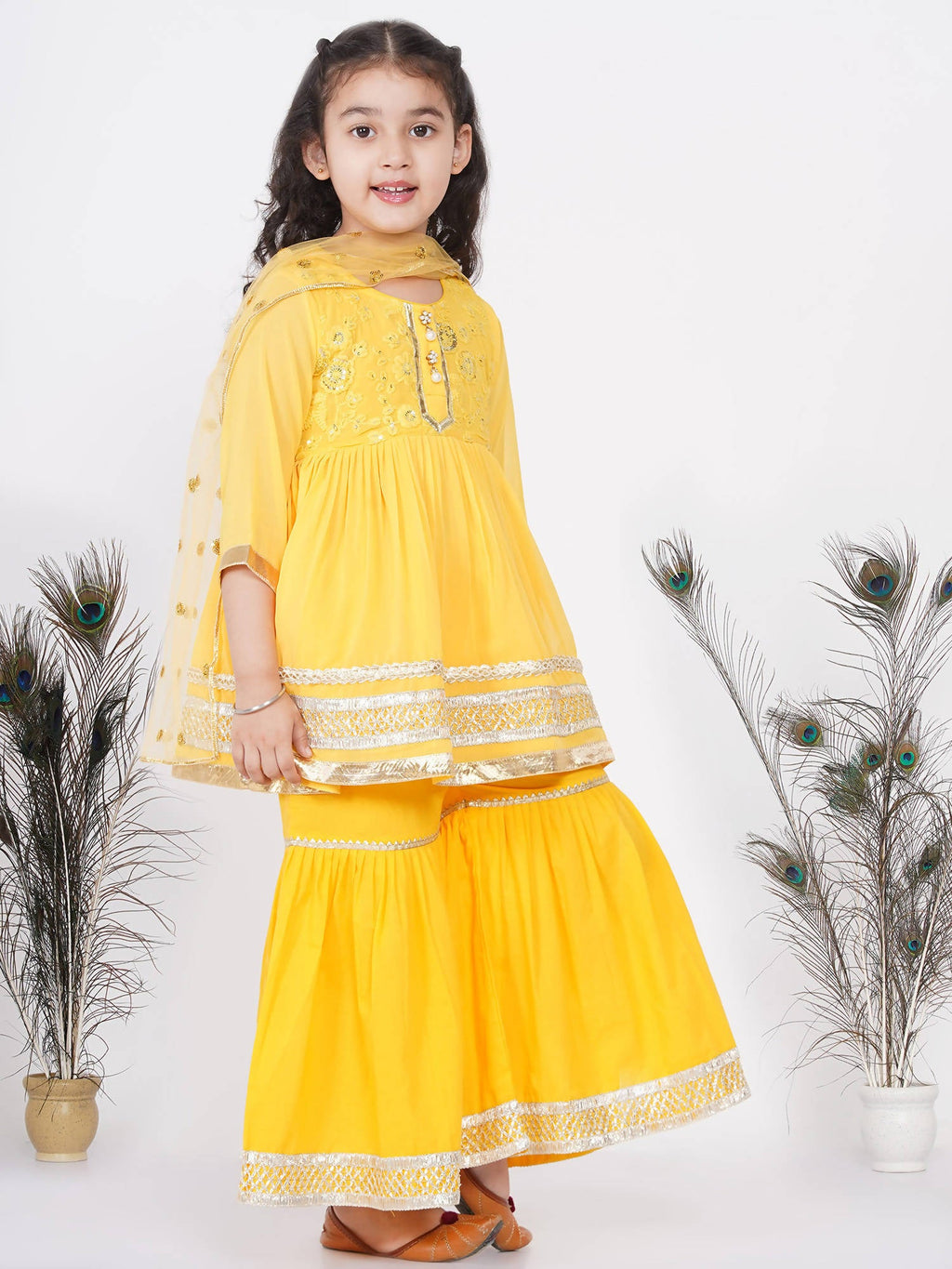 Little Bansi Girls Cotton Gotta Patti Kurta frock with Sharara & Dupatta - Yellow