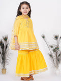 Little Bansi Girls Cotton Gotta Patti Kurta frock with Sharara & Dupatta - Yellow