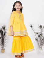 Little Bansi Girls Cotton Gotta Patti Kurta frock with Sharara & Dupatta - Yellow