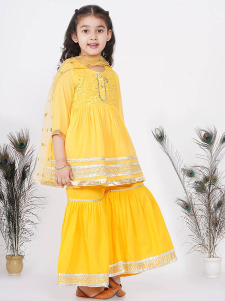 Little Bansi Girls Cotton Gotta Patti Kurta frock with Sharara & Dupatta - Yellow