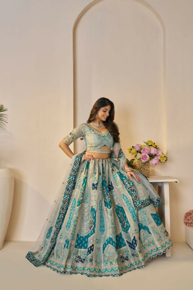 Kesar Fab Sky-Blue Banarasi Silk Embroidered Lehenga
